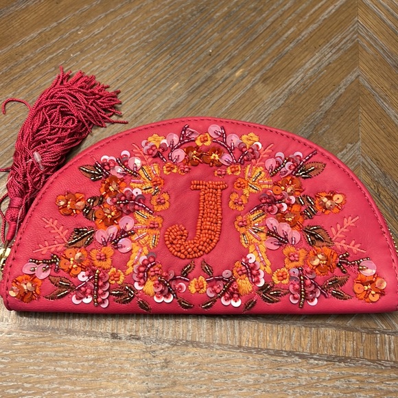 Anthropologie J Beaded Sequins Leather Monogram Wallet - Picture 4 of 7